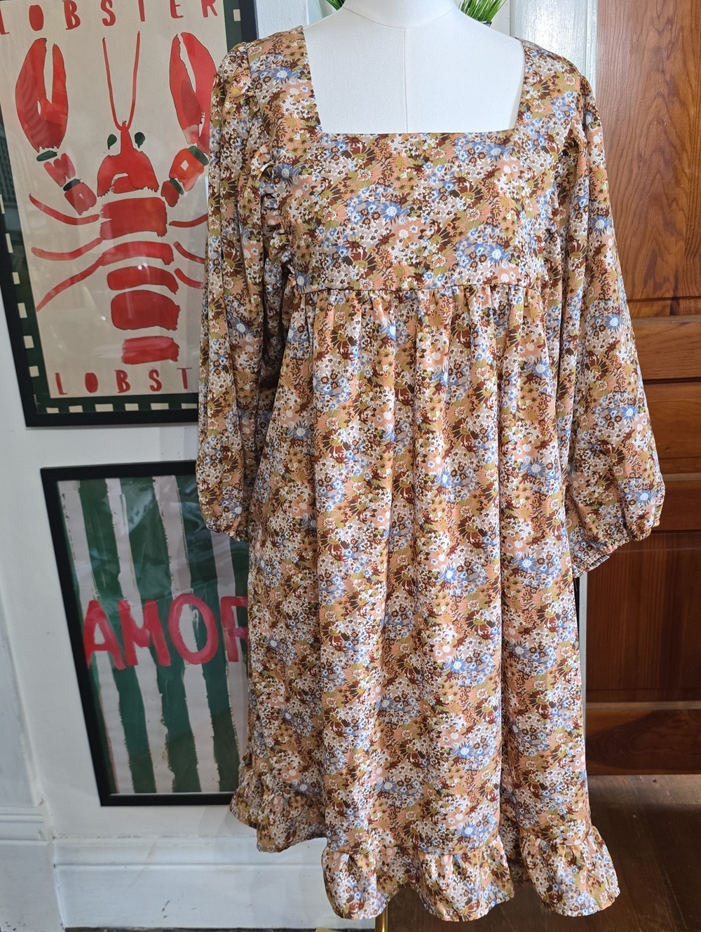 Floral Square-Neck Casual Dress in Tan and Blue - Picture 1 of 3